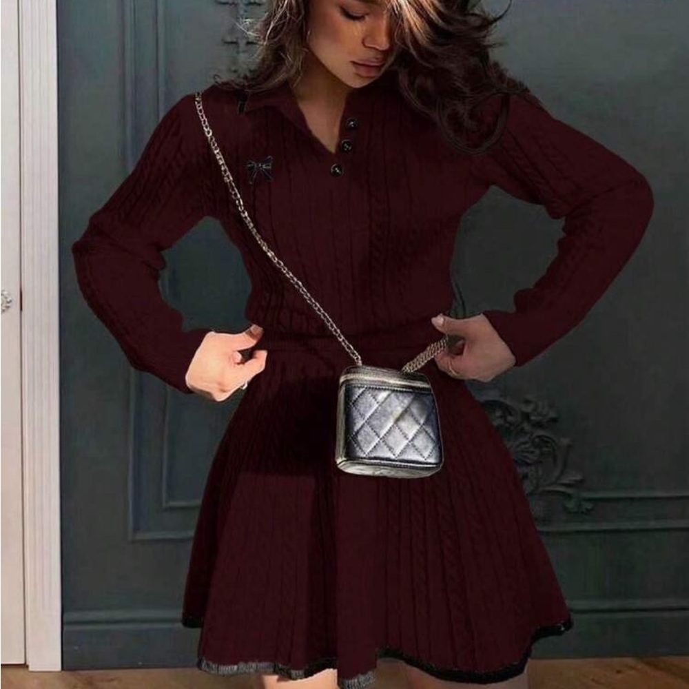 Elegant Burgundy Cable Knit Skirt Set